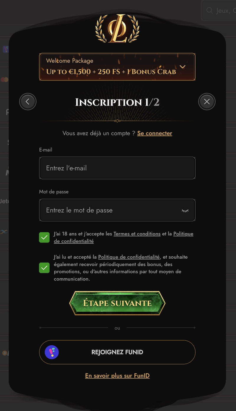 formulaire d'inscription de Legiano Casino