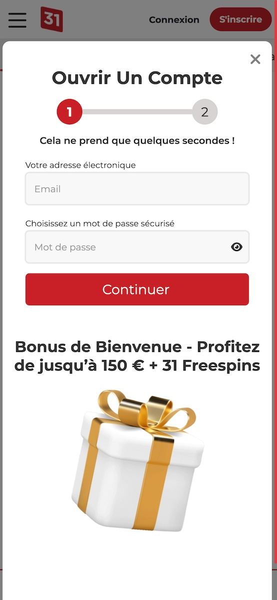 formulaire d'inscription du casino Lucky31 sur mobile