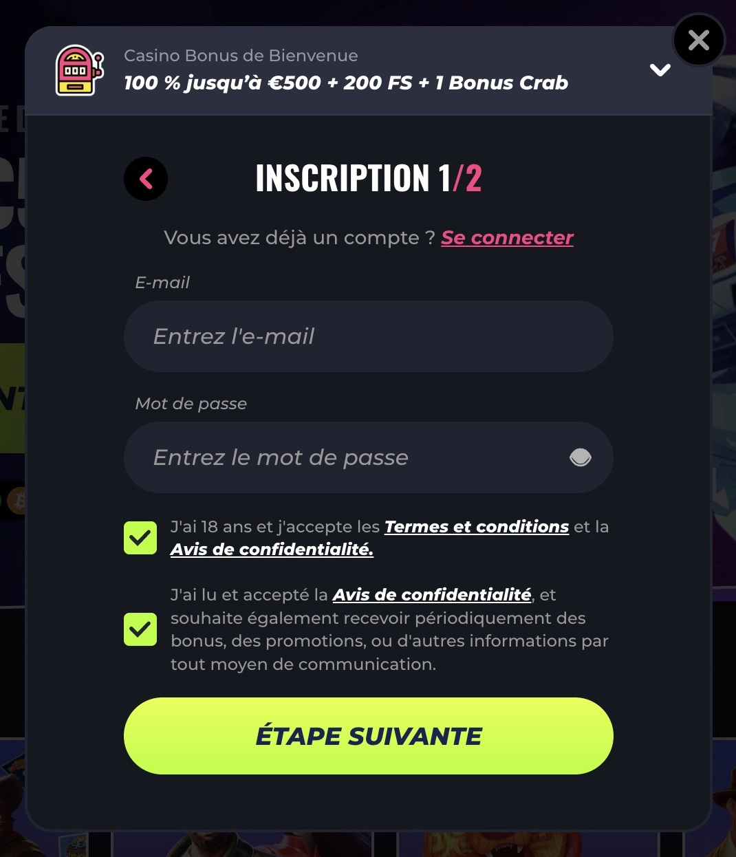 formulaire d'inscription de Lunubet casino