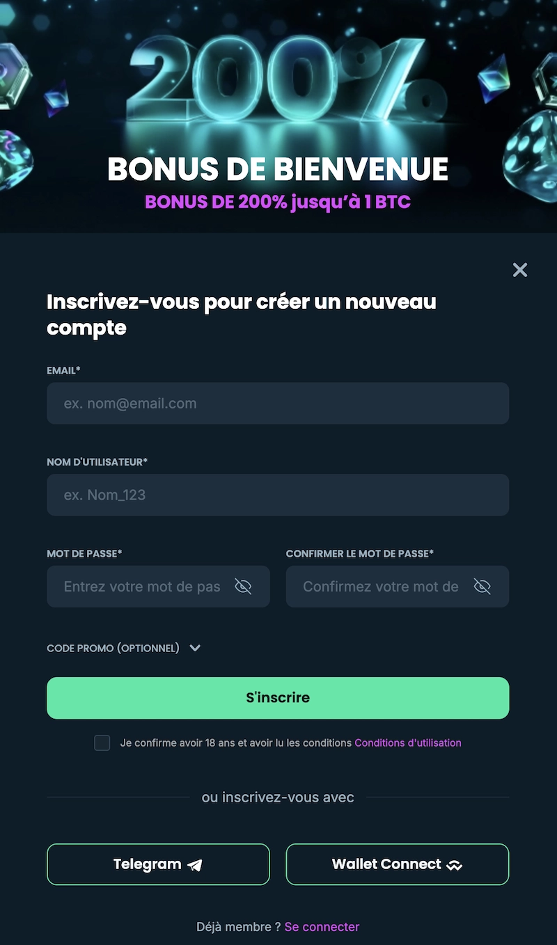 formulaire d'inscription sur le site de casino en ligne Mega Dice