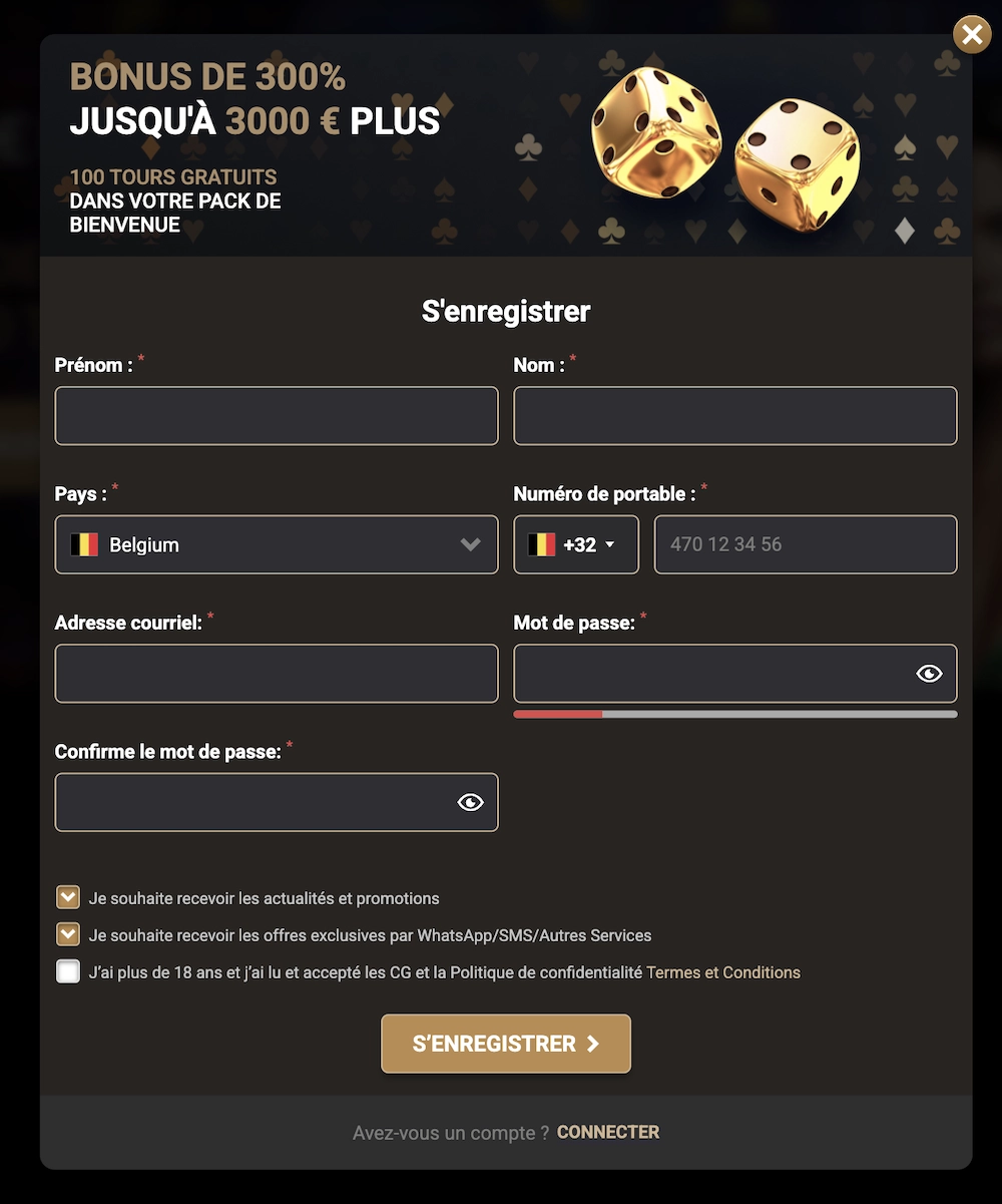 Formulaire d&rsquo;inscription sur Megawin Casino avec champs pr&eacute;nom, nom, email et mot de passe visibles