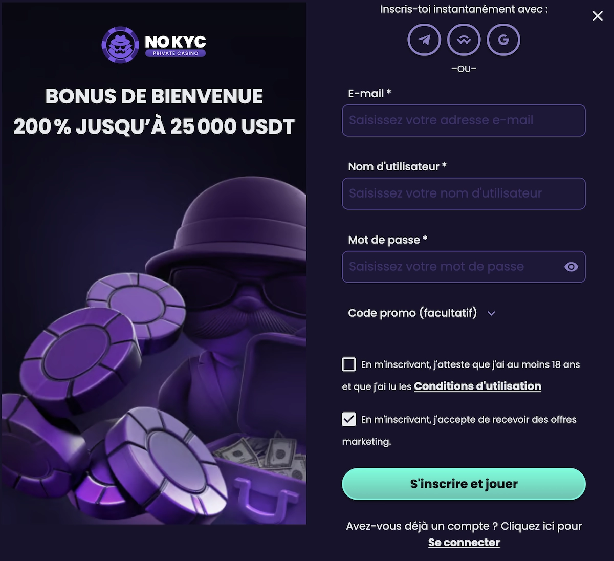 Formulaire d&rsquo;inscription sur No KYC Casino avec email, mot de passe et connexion via Telegram, Google ou Wallet