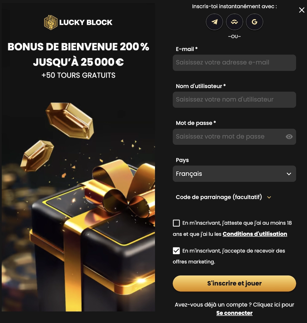 Formulaire d&rsquo;inscription Lucky Block casino avec bonus de bienvenue 200 % jusqu&rsquo;&agrave; 25 000 &euro; et 50 tours gratuits