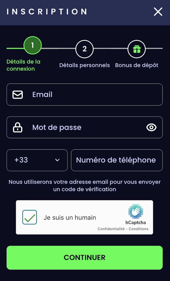Formulaire d&rsquo;inscription Pampago Casino avec champs email, mot de passe, t&eacute;l&eacute;phone et v&eacute;rification hCaptcha