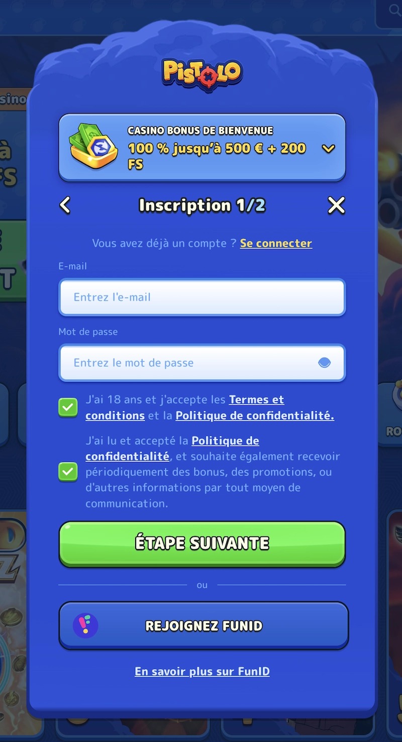 formulaire d'inscription de Pistolo Casino