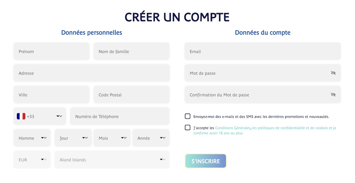 formulaire d'inscription de Prince Ali Casino en fran&ccedil;ais