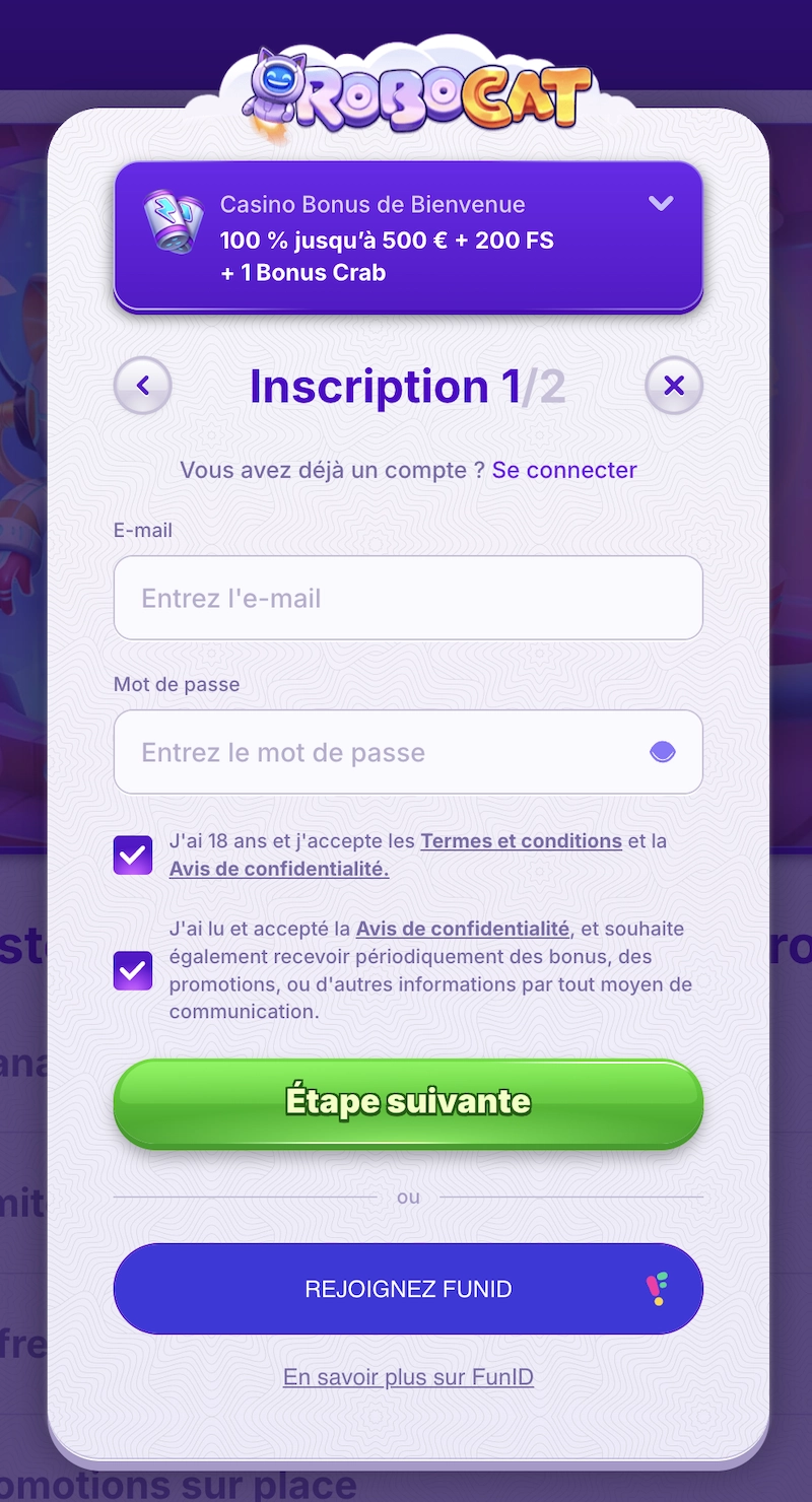formulaire d'inscription pour illuster le guide sur comment s'inscrire sur Robocat Casino detaill&eacute; par l'&eacute;quipe de Casinotan