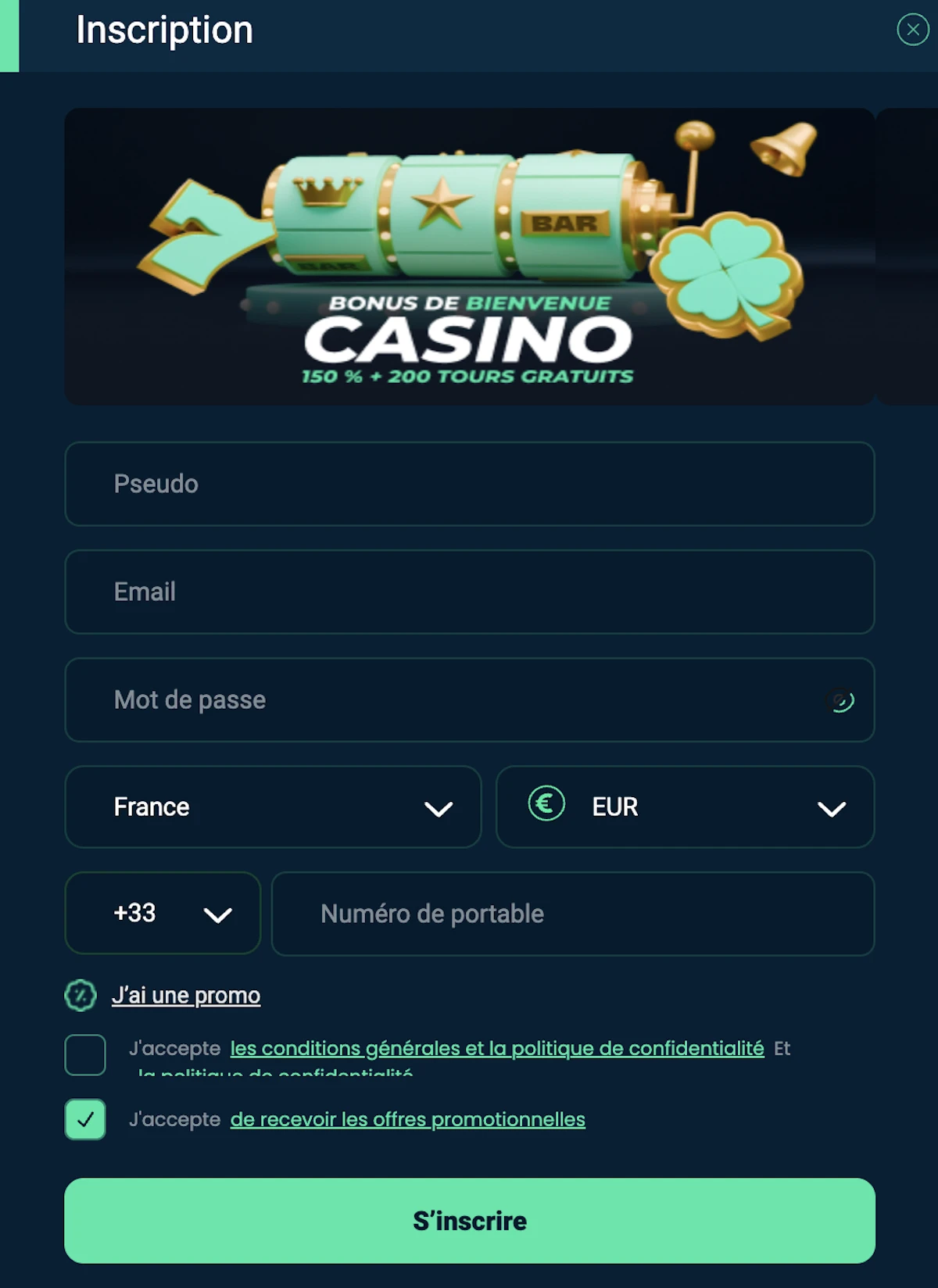 Formulaire d&rsquo;inscription sur Rolletto avec champs email mot de passe pays et devise s&eacute;lectionnable