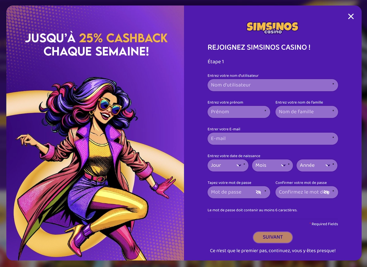 formulaire d'inscription pour illuster le guide sur comment s'inscrire sur Simsinos Casino sur le site de Casinotan
