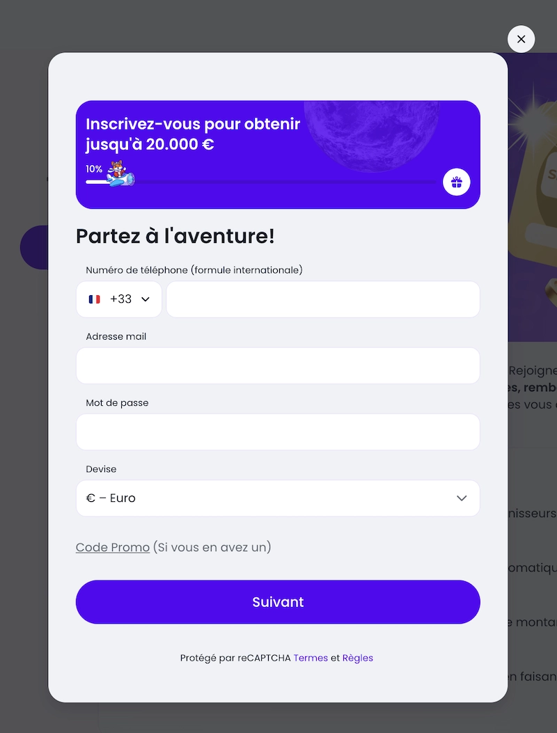 formulaire d'inscription de Sott Casino