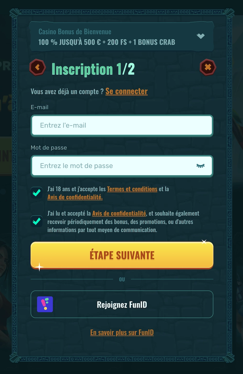 formulaire d'inscription de Spinanga Casino