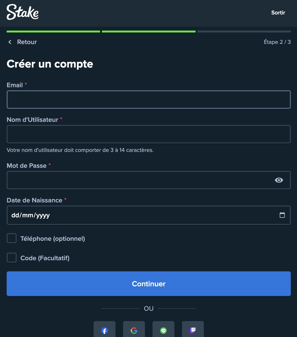 formulaire d'inscription sur le site de Stake Casino