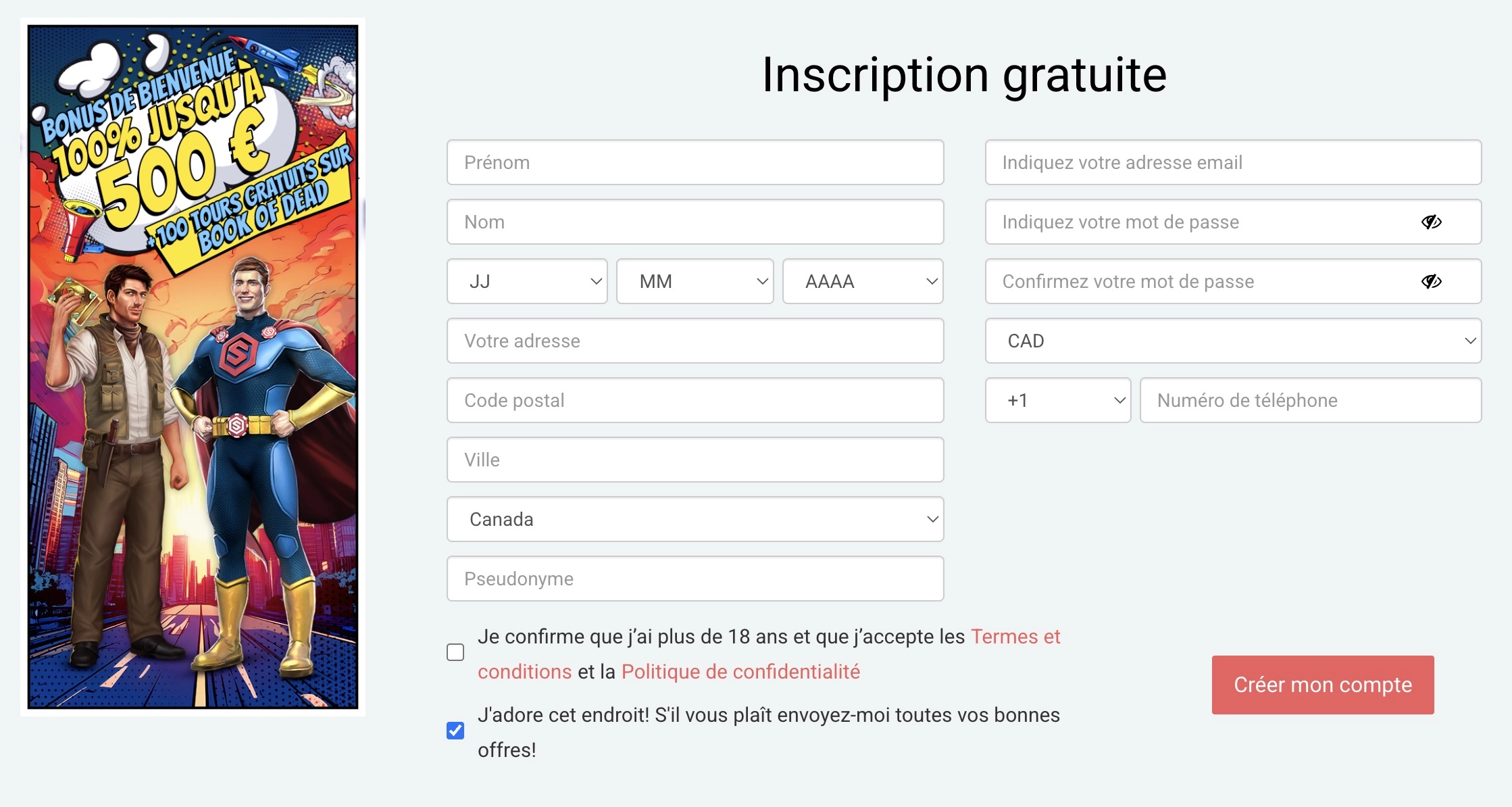 formulaire d'inscription sur Stakes Casino