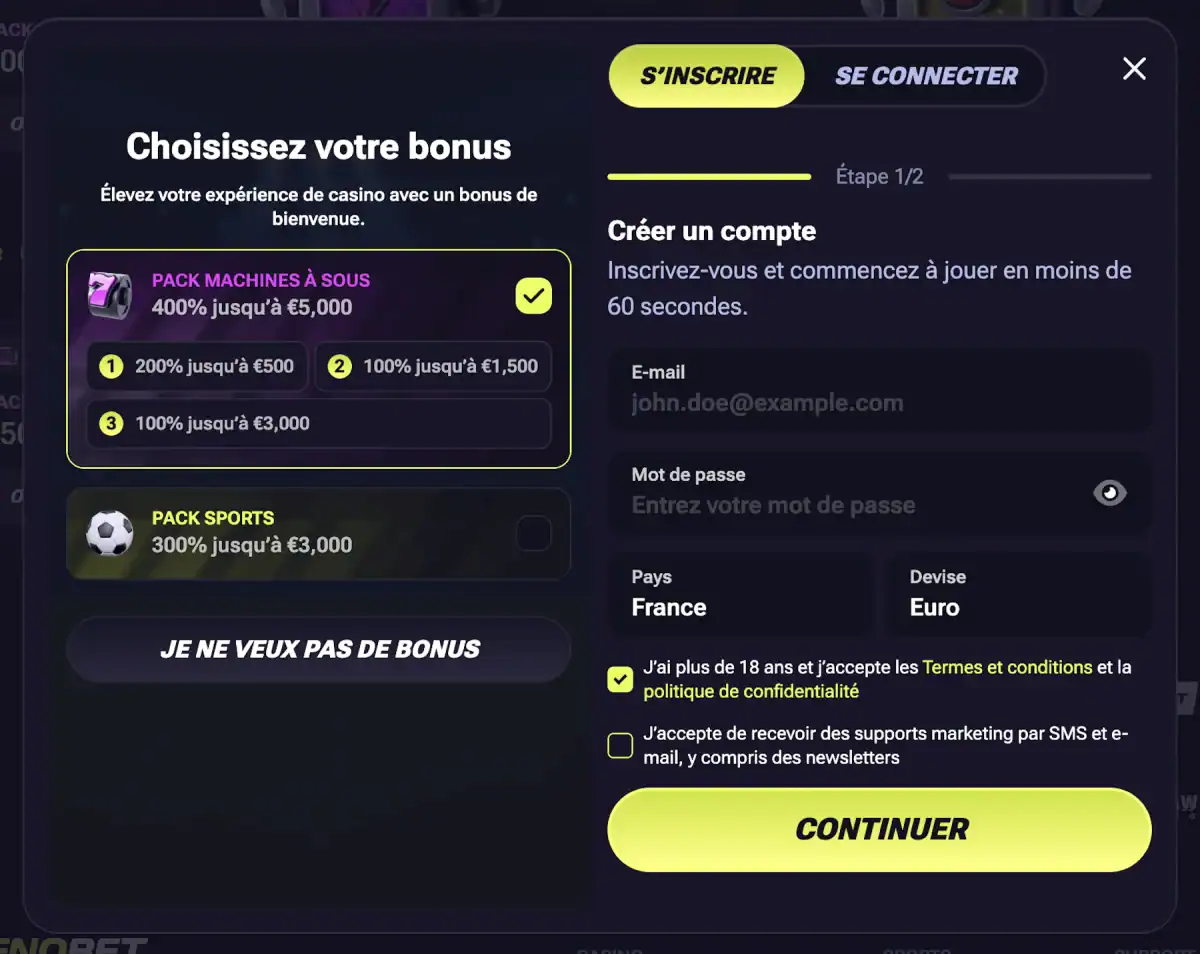 Formulaire d'inscription de Tenobet à l'étape 1 sur 2 avec le choix du bonus de bienvenue et les champs e-mail, mot de passe, pays et devise.