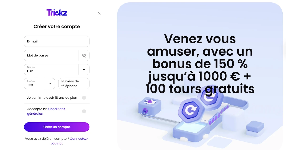 Formulaire d'inscription du casino en ligne Trickz