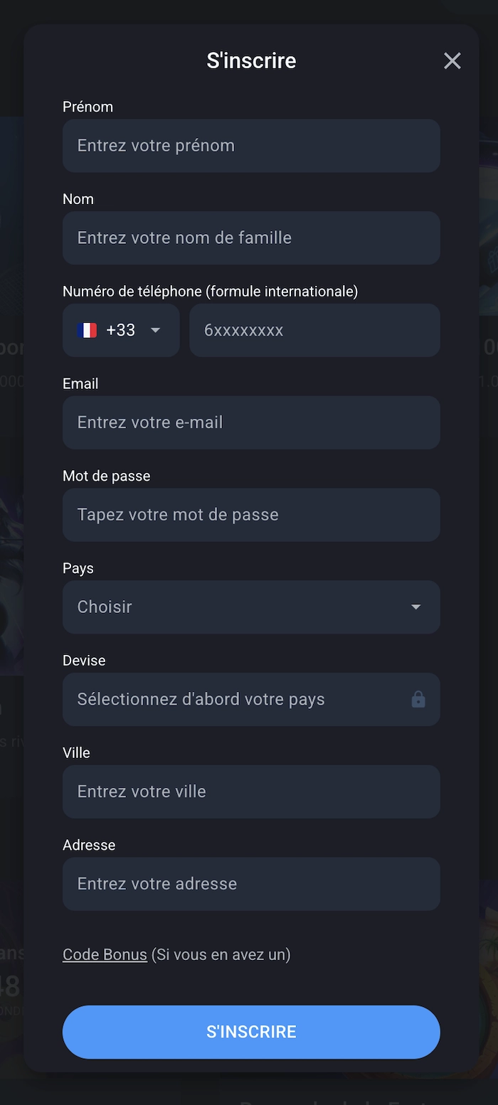 formulaire d'inscription sur le casino en ligne Twin Casino