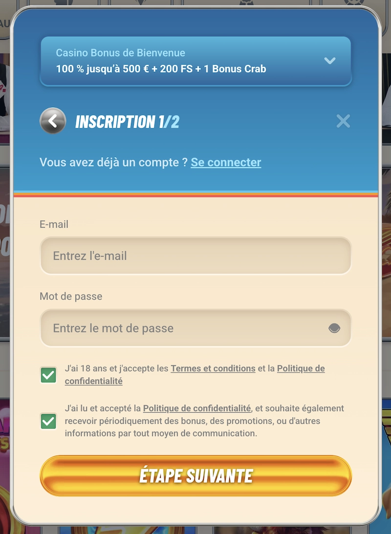 Formulaire d&rsquo;inscription sur Vegasino Casino avec champs email et mot de passe