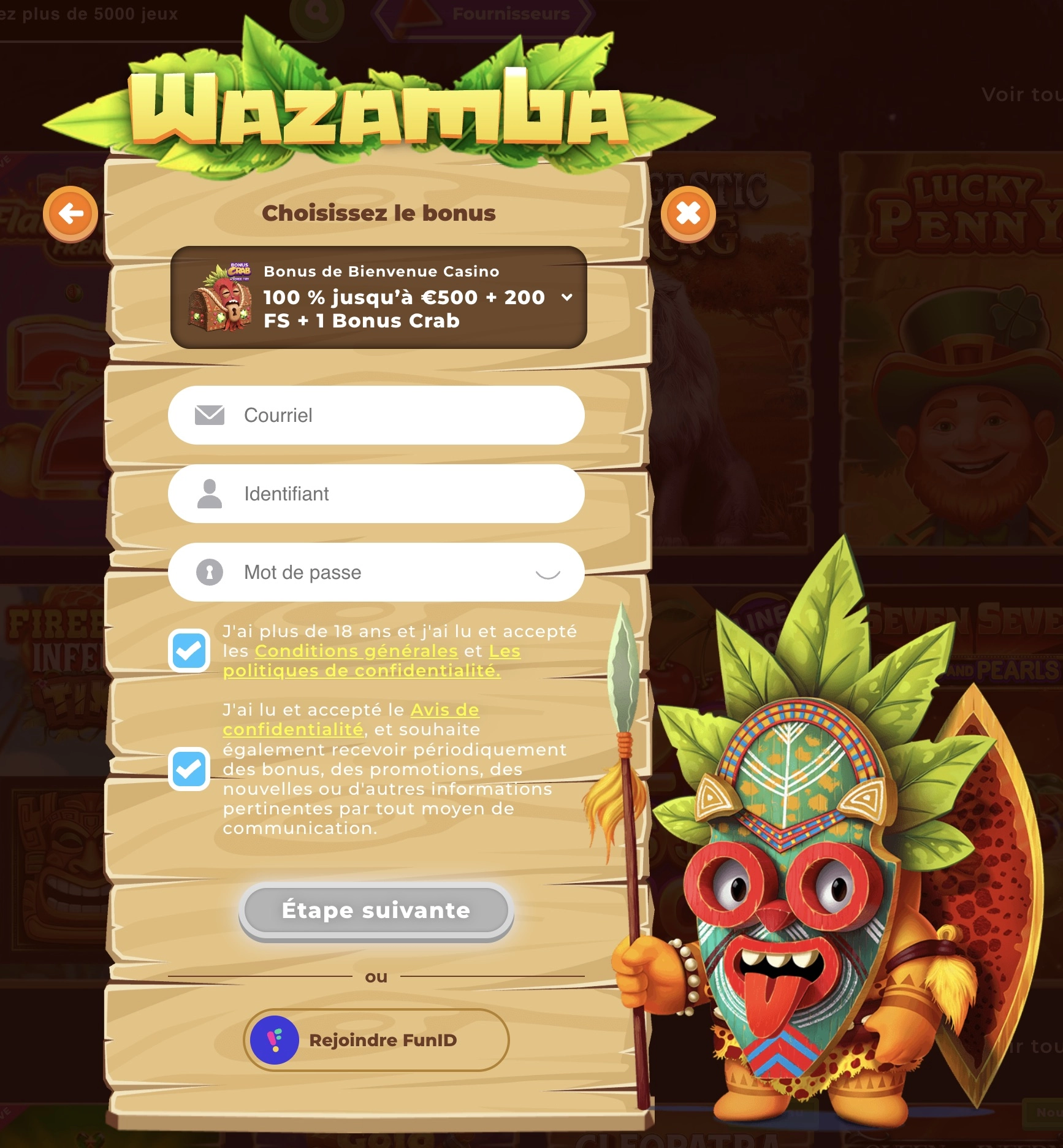 capture d'&eacute;cran du formulaire d'inscription de Wazamba casino