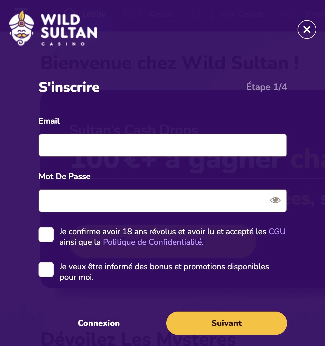 formulaire d'inscription pour le casino en ligne Wild Sultan