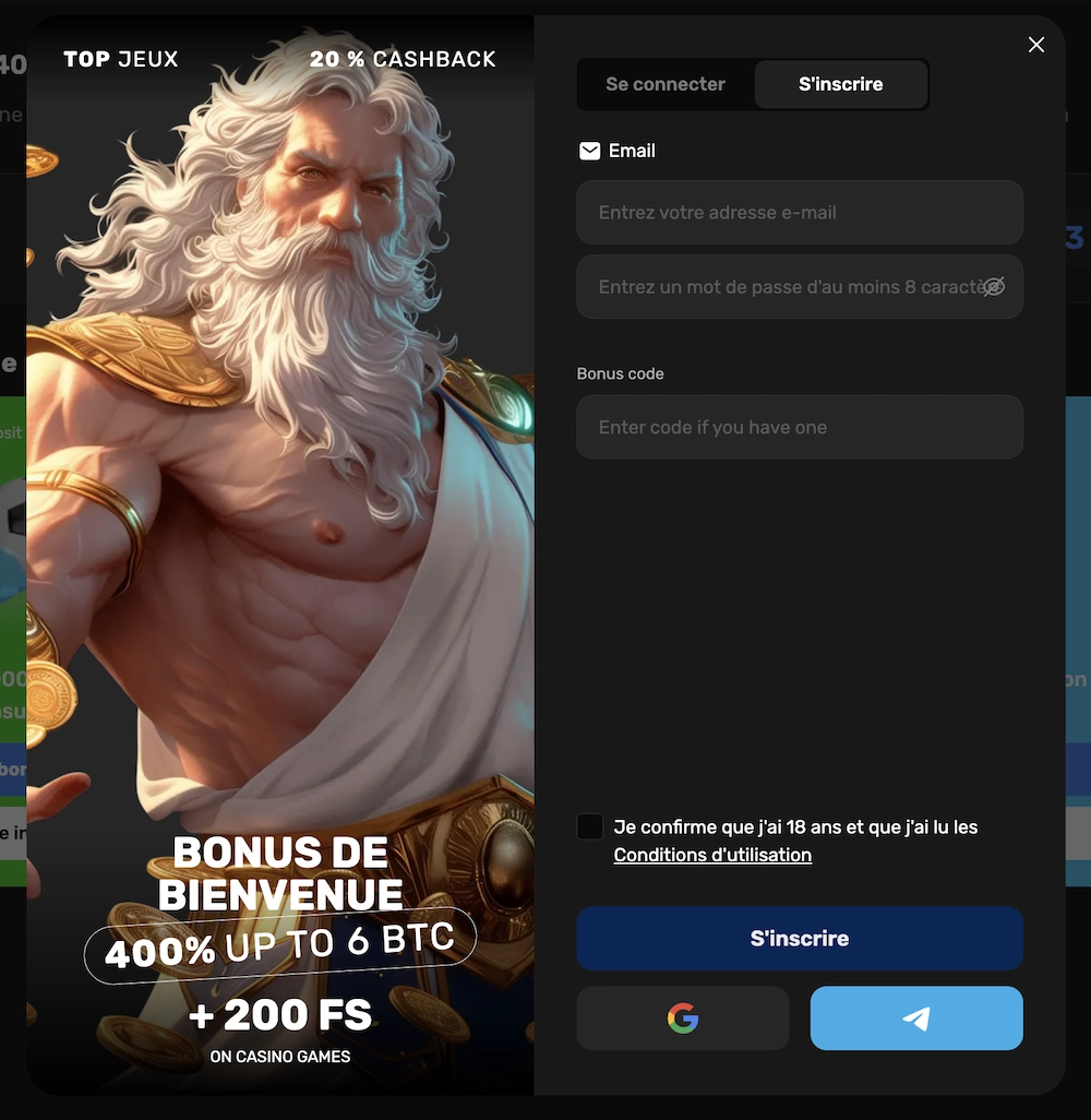 formulaire d'inscription de Win.Casino