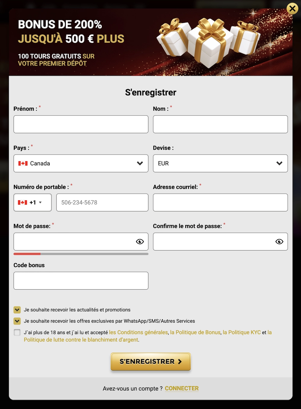 Formulaire d’inscription sur Win Unique Casino avec champs à remplir pour créer un compte joueur