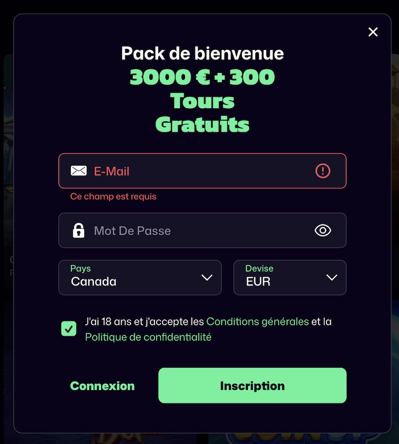 Formulaire d&rsquo;inscription sur WinBeast Casino avec champs e-mail, mot de passe, pays, devise et pack de bienvenue &agrave; 3000 &euro; et 300 tours gratuits