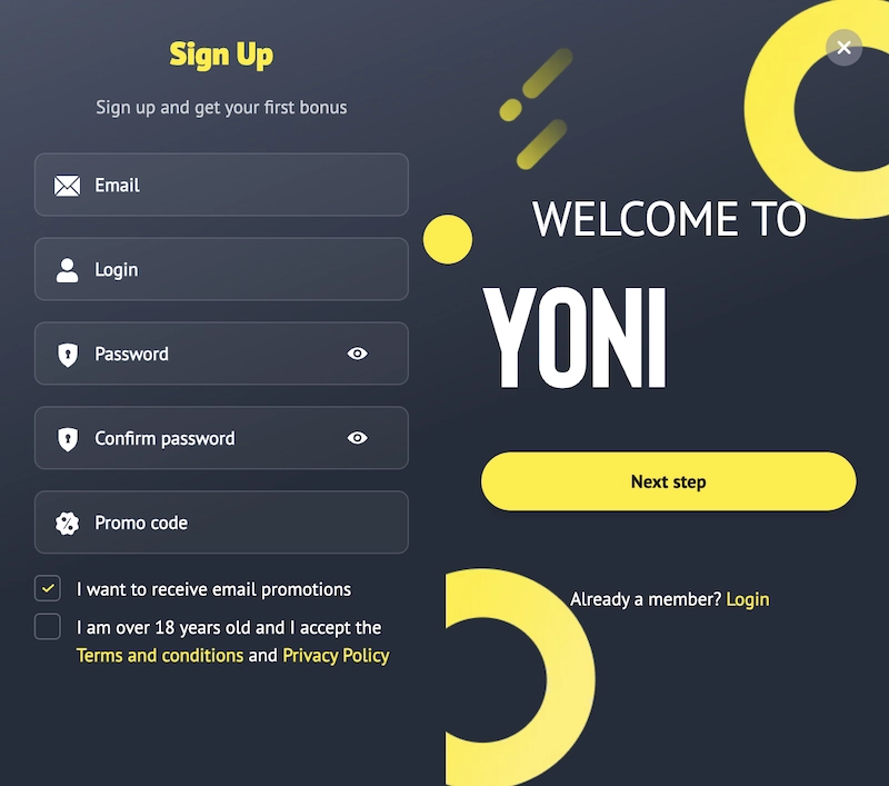 formulaire d'inscription du casino en ligne Yonibet