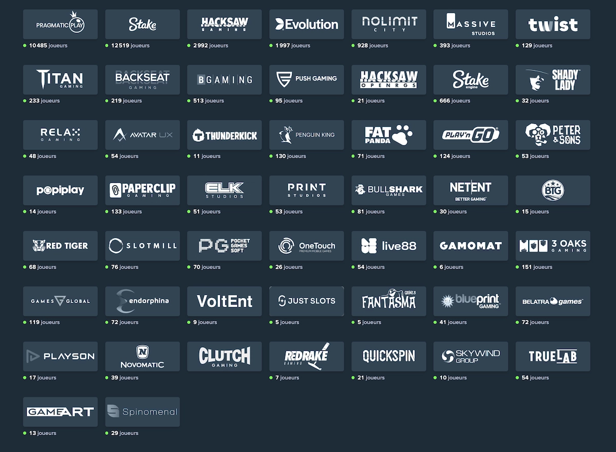 Liste des fournisseurs de jeux de Stake incluant Pragmatic Play, Evolution, Hacksaw Gaming, NetEnt et Play&rsquo;n GO