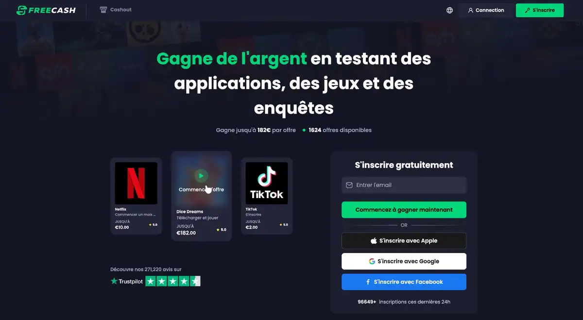Page d'accueil de FreeCash avec les offres disponibles pour gagner de l'argent en testant des applications, des jeux et des enquêtes.