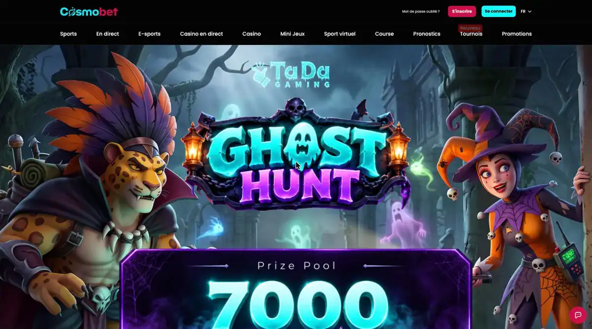 Le tournoi Ghost Hunt de Cosmobet pour Halloween, avec 7 000 free spins à gagner sur les jeux TaDa Gaming.