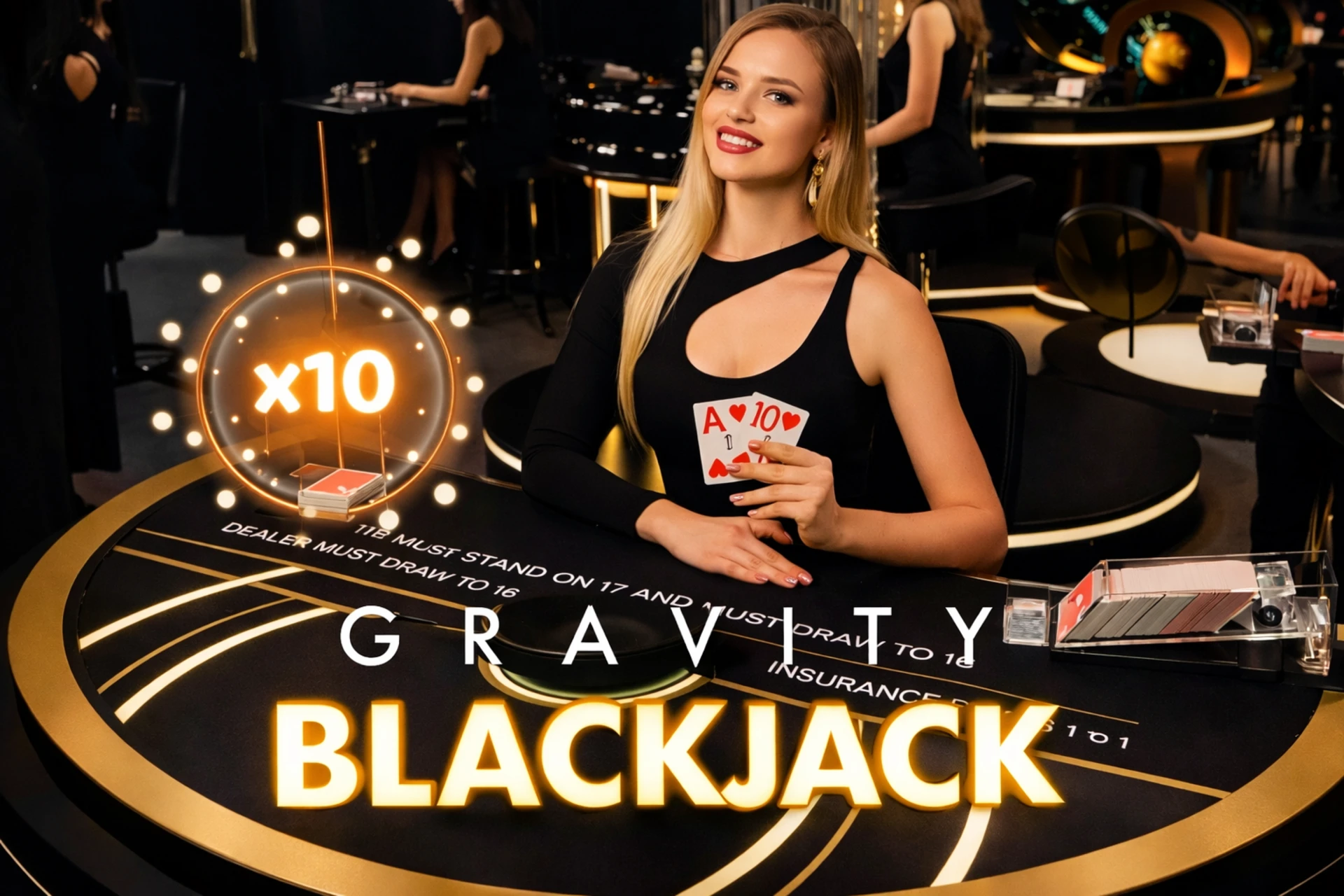 Gravity Blackjack de l’éditeur Iconic21 avec une croupière assise à une table de blackjack live au design moderne noir et vert, qui distribue des cartes visibles sur le tapis, entourée d’un décor futuriste avec indications de règles et jetons de mise affichés à l’écran.
