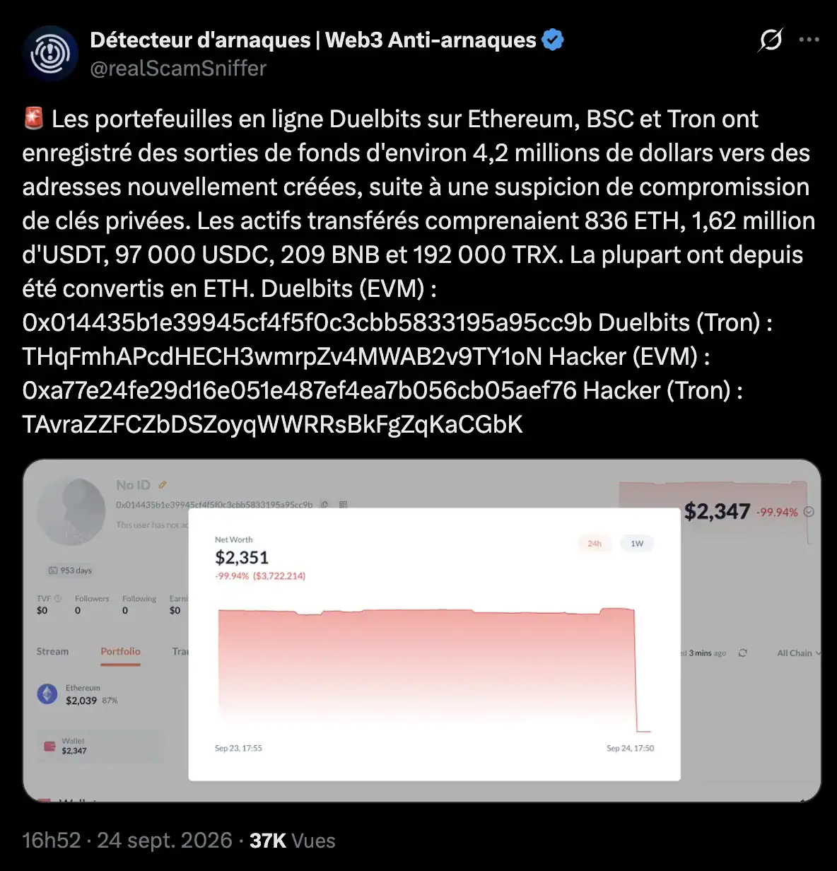 Alerte de ScamSniffer sur X qui détaille les fonds sortis des portefeuilles de Duelbits pendant le hack.