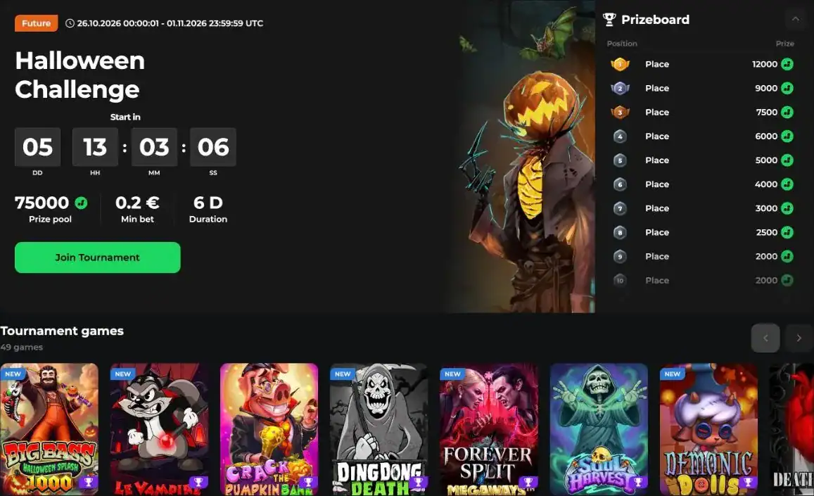 Le Halloween Challenge de Betify, un tournoi de casino sur le thème d'Halloween avec 75 000 € de cagnotte du 26 octobre au 1er novembre 2026.