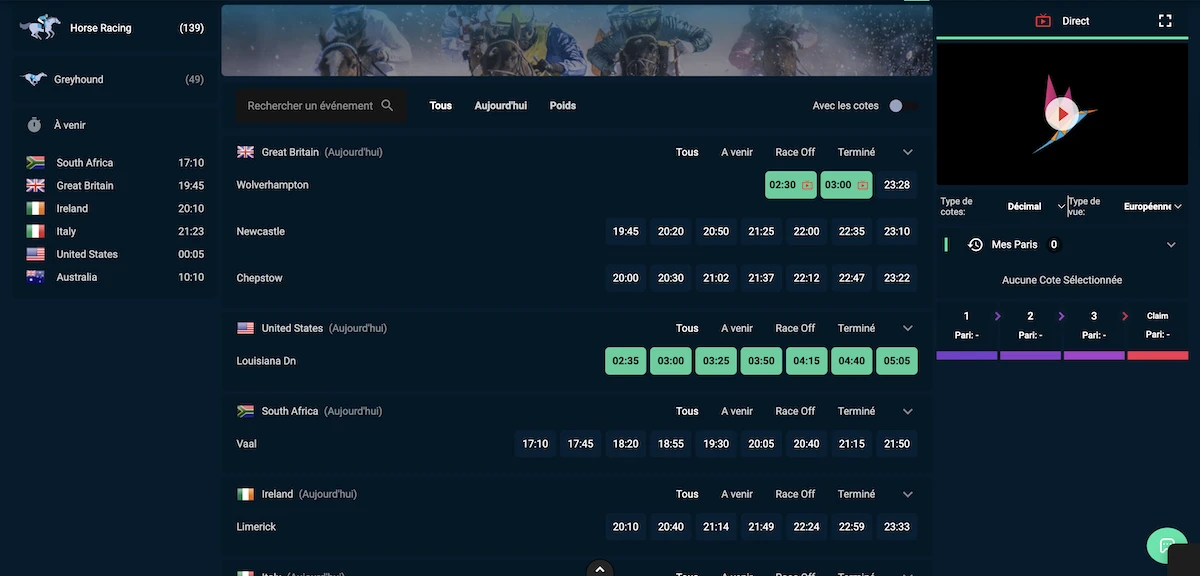 Section paris hippiques sur Rolletto avec courses de chevaux et cotes affich&eacute;es en direct