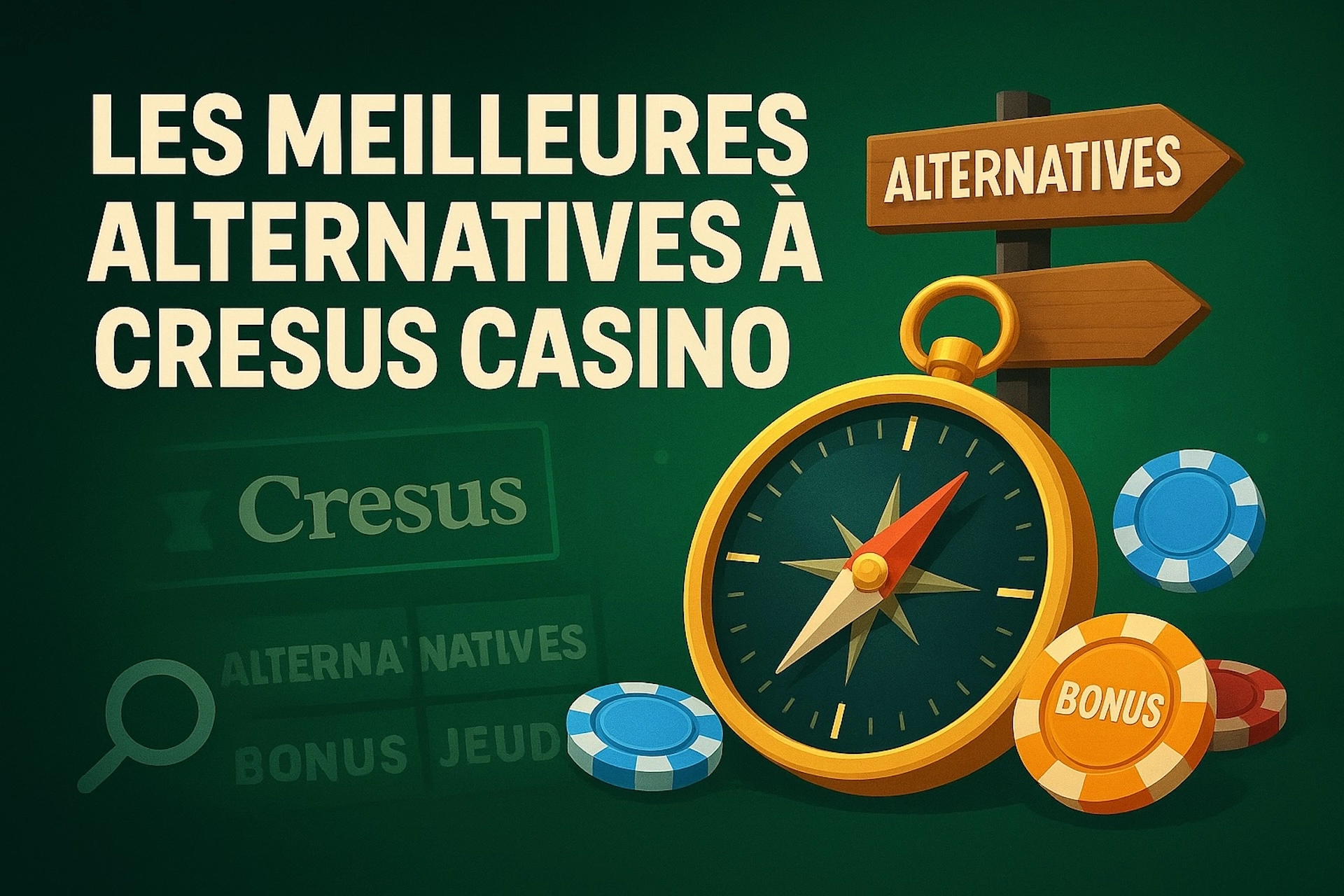 Illustration 3:2 sans logo, avec titre &ldquo;LES MEILLEURES ALTERNATIVES &Agrave; CRESUS CASINO&rdquo;, panneau directionnel &ldquo;ALTERNATIVES&rdquo;, boussole et jetons bonus sur fond vert chic dans le style Casinotan.