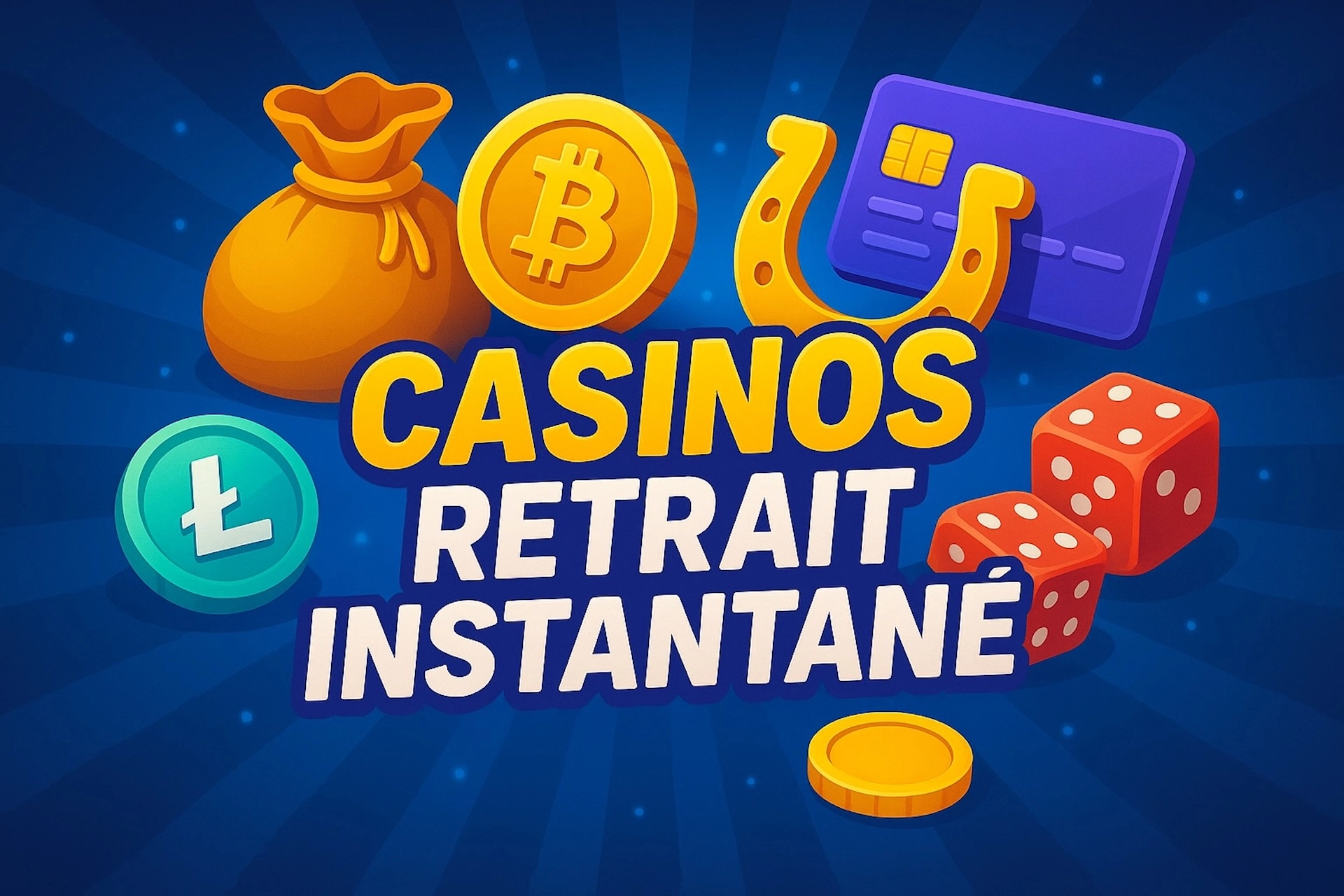 Illustration 3:2 stylisée pour la page Casinos avec Retrait Instantané, incluant symboles crypto (Bitcoin, Litecoin), carte bancaire, dés, pièce et sac d’argent sur fond bleu éclatant, avec texte jaune et blanc dans le style Casinotan