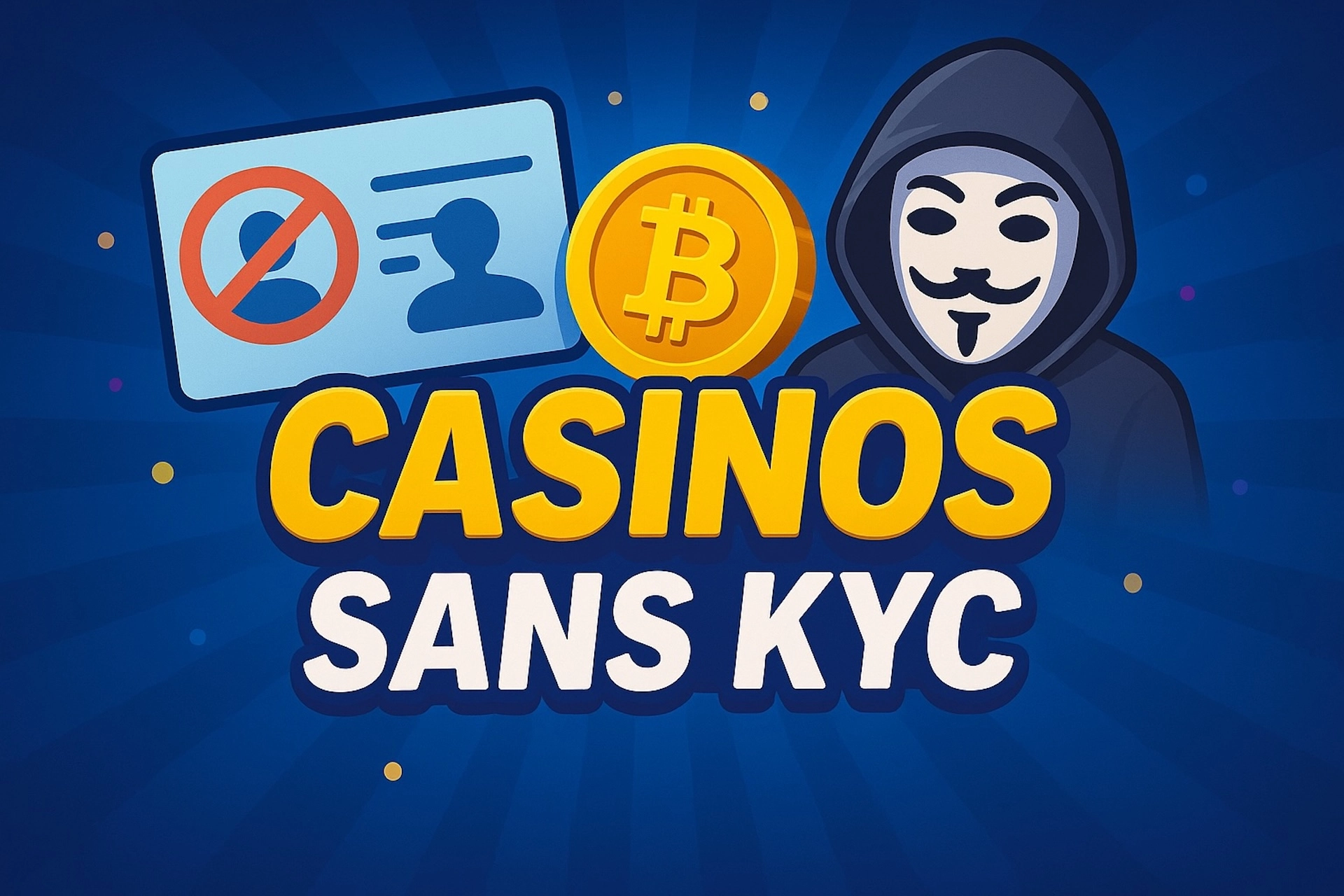 Illustration 3:2 stylis&eacute;e avec texte &ldquo;Casinos Sans KYC&rdquo;, carte d&rsquo;identit&eacute; barr&eacute;e, symbole anonymous, Bitcoin, et fond bleu dynamique pour illustrer l&rsquo;anonymat et l&rsquo;univers crypto des casinos sans v&eacute;rification