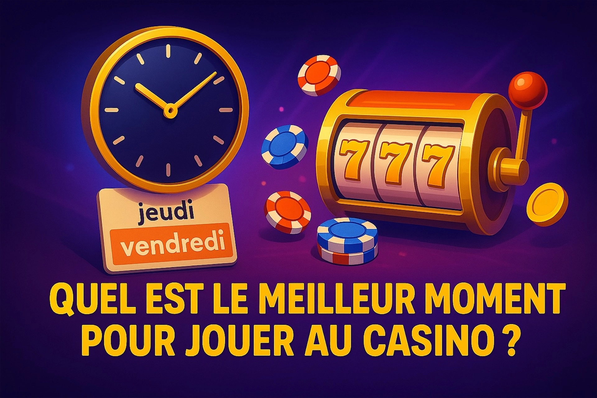 Illustration 3:2 avec horloge à 21h, machine à sous en action, calendrier en français affichant “jeudi” et “vendredi”, et texte corrigé : “Quel est le meilleur moment pour jouer au casino ?” sur fond violet néon dans le style Casinotan.