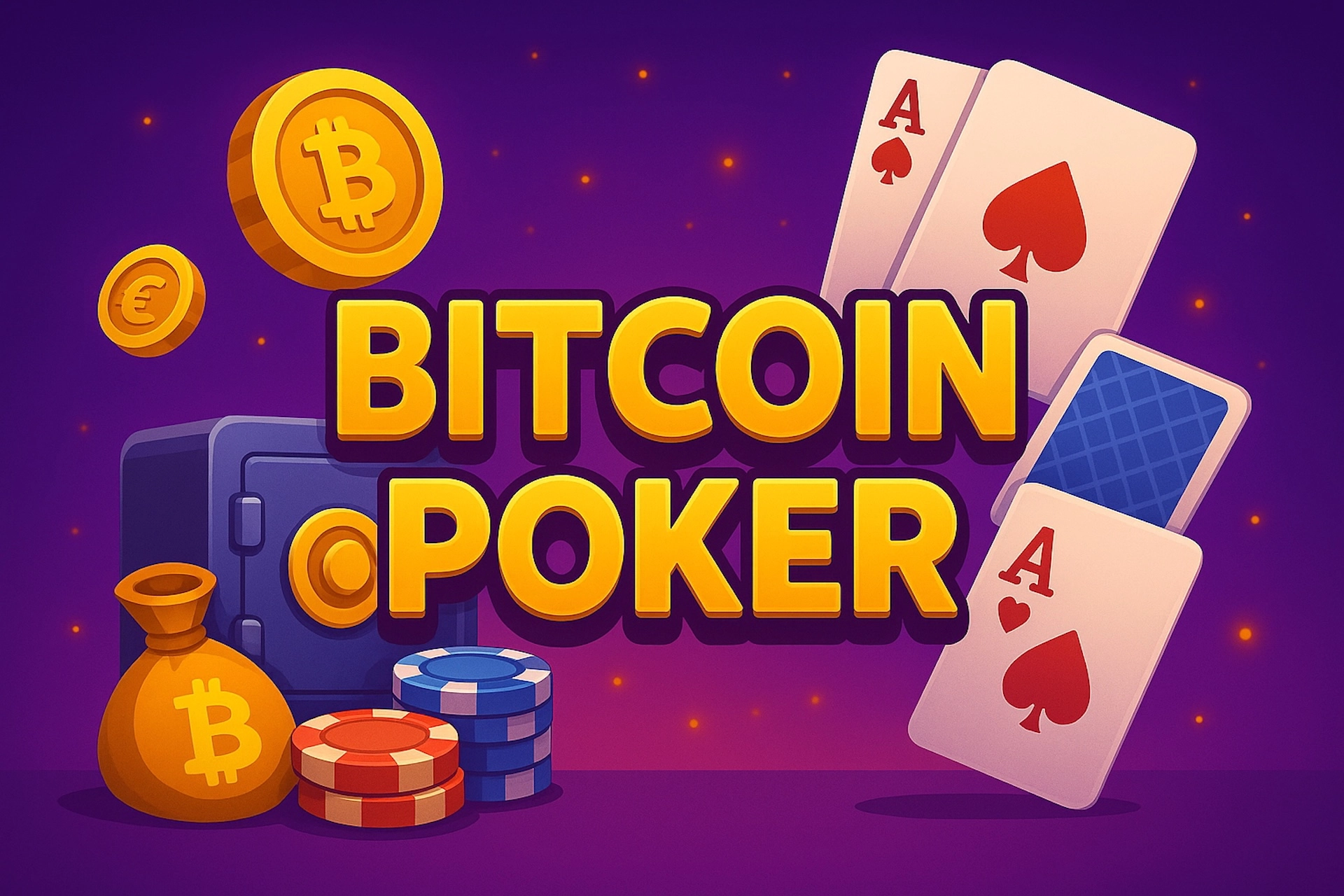Illustration cartoon dynamique avec texte “BITCOIN POKER”, cartes As, jetons, sac et pièces Bitcoin, coffre et ambiance casino moderne pour Casinotan