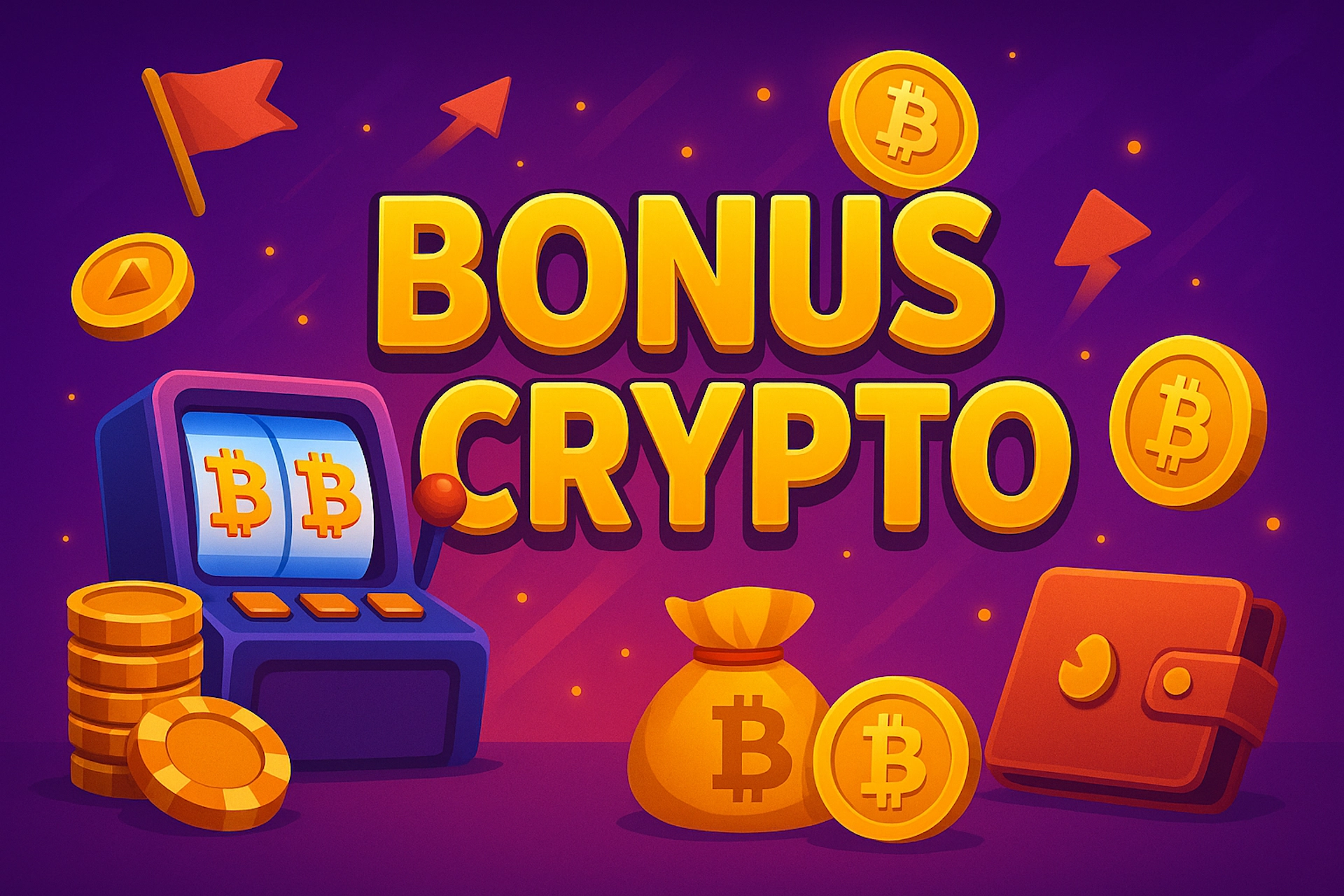Illustration cartoon colorée avec texte “BONUS CRYPTO”, machine à sous avec symboles Bitcoin, portefeuille, jetons, pièces et sac cryptomonnaie pour Casinotan