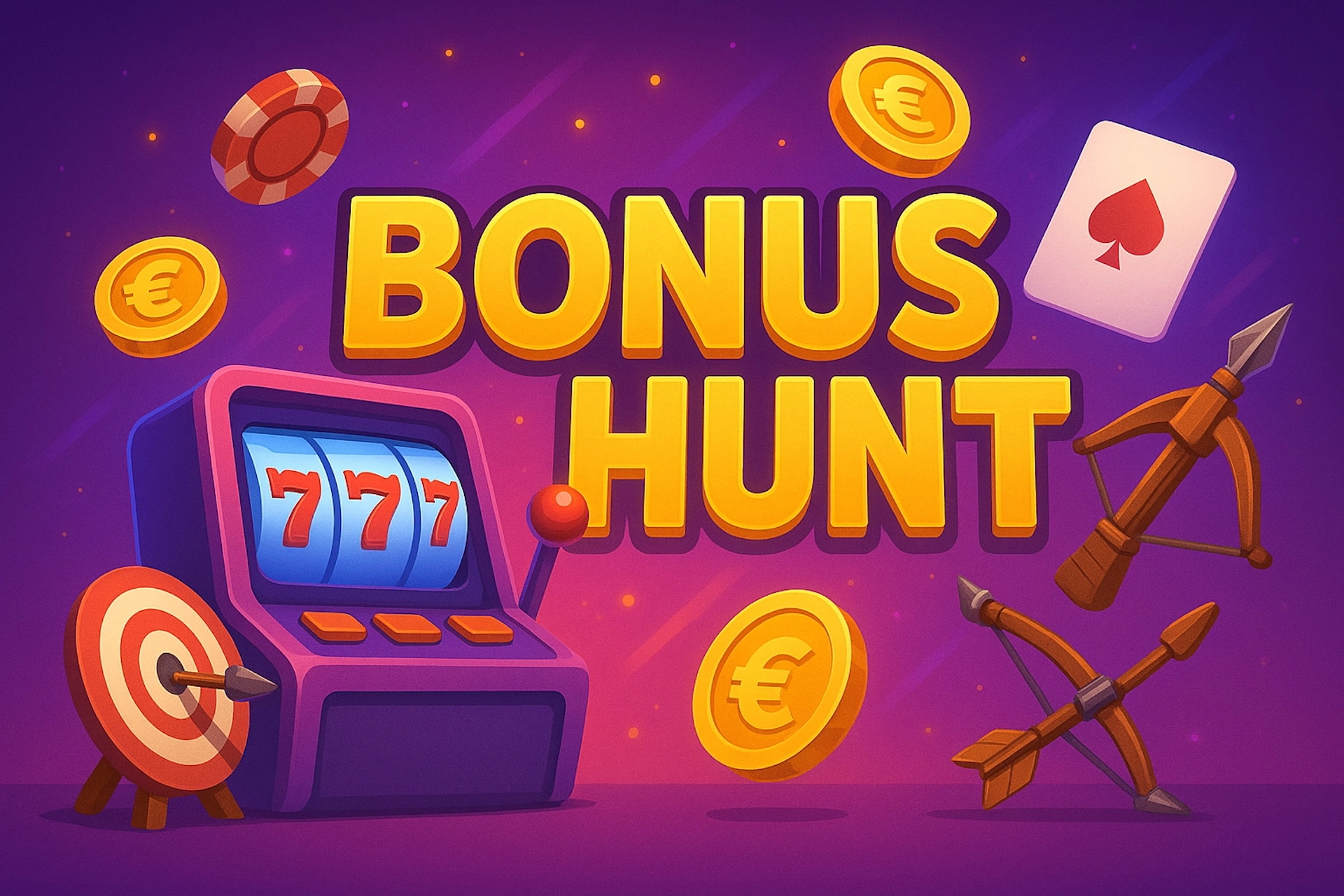 Visuel cartoon coloré de Bonus Hunt avec machine à sous, pièces en euros, cibles et arbalètes, dans un univers casino dynamique pour Casinotan