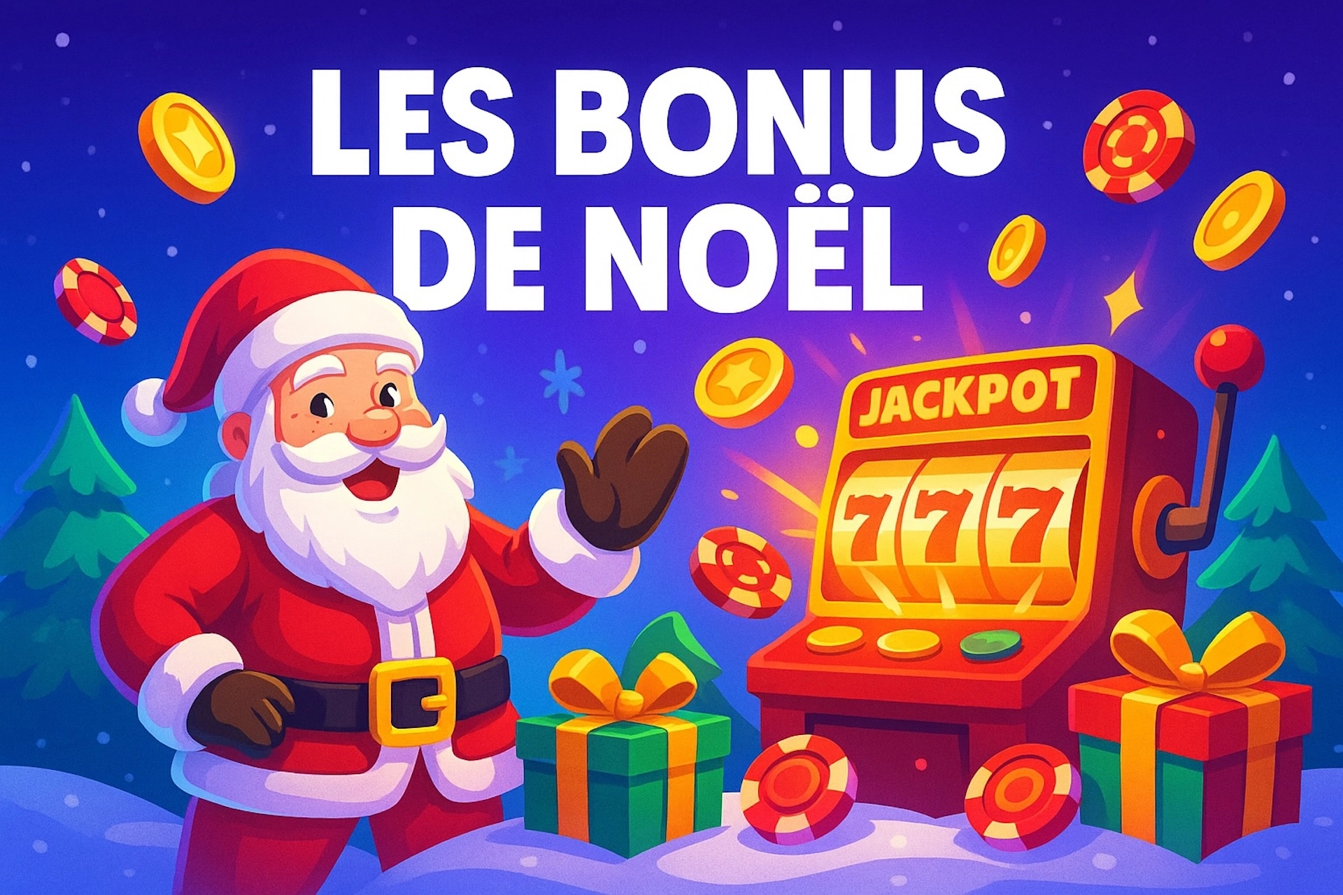 Illustration style cartoon montrant un Père Noël gamer devant une machine à sous jackpot, avec cadeaux, jetons et ambiance festive pour présenter les bonus de Noël des casinos en ligne.