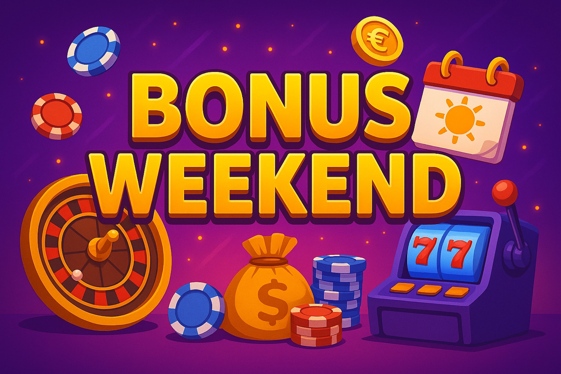 Illustration cartoon colorée avec texte “BONUS WEEKEND”, roulette, jetons, machine à sous, calendrier ensoleillé et pièces euros pour Casinotan