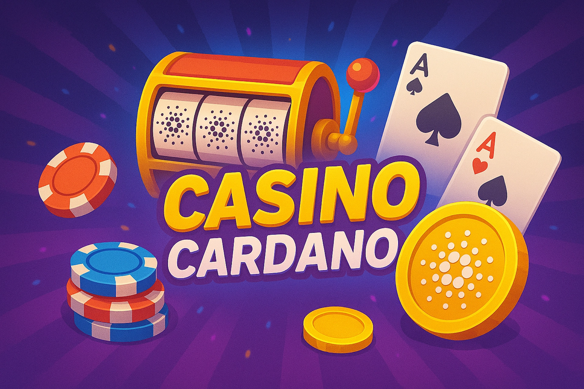 Illustration cartoon vive pour Casino Cardano avec machine à sous arborant le logo Cardano, jetons, cartes et pièce ADA, sur fond festif violet et bleu pour la page dédiée sur Casinotan.