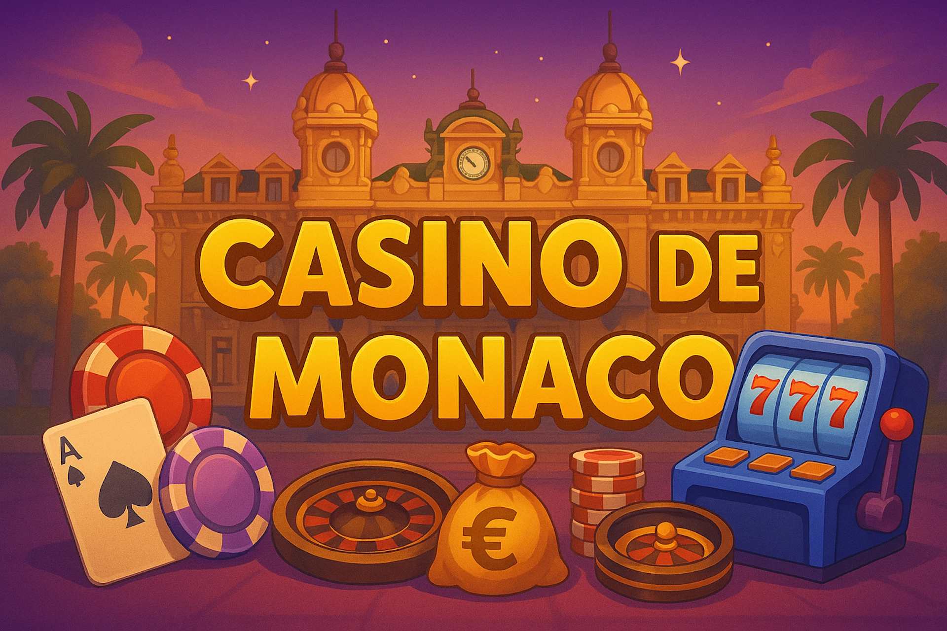 Illustration cartoon avec texte “Casino de Monaco”, bâtiment inspiré du vrai casino en arrière-plan, machine à sous, jetons, cartes et sacs d’euros pour Casinotan