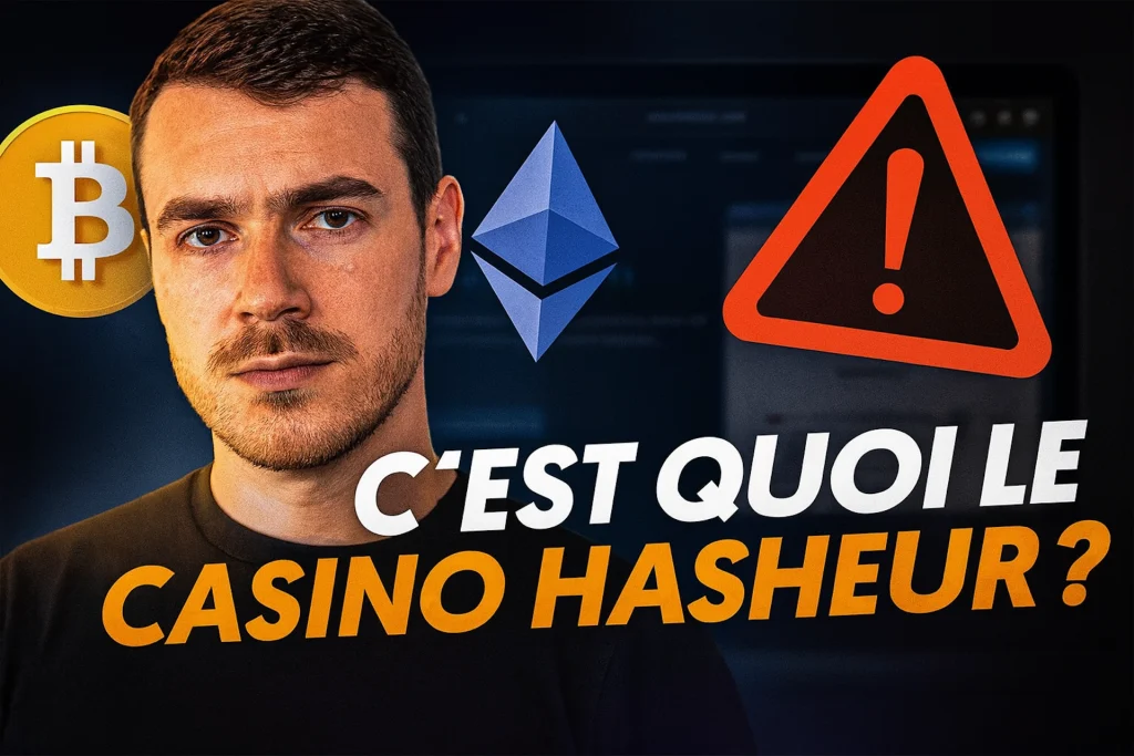Visuel d’alerte dans le style Casinotan avec avatar inspiré d’Hasheur, symboles crypto et panneau de danger, accompagné du texte “C’est quoi le Casino Hasheur ?” sur fond sombre.
