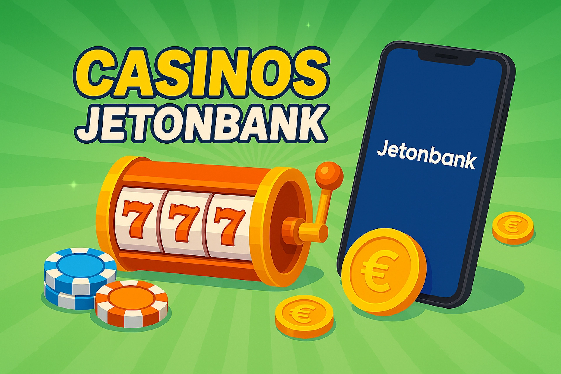 Illustration CASINOS JETONBANK style cartoon color&eacute; avec machine &agrave; sous, smartphone et logo Jetonbank
