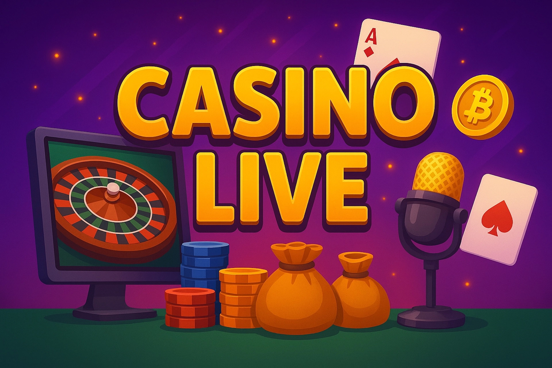 llustration cartoon color&eacute;e avec texte &ldquo;CASINO LIVE&rdquo;, &eacute;cran avec roulette, cartes, micro, pi&egrave;ces Bitcoin, sacs et jetons dans une ambiance live pour Casinotan