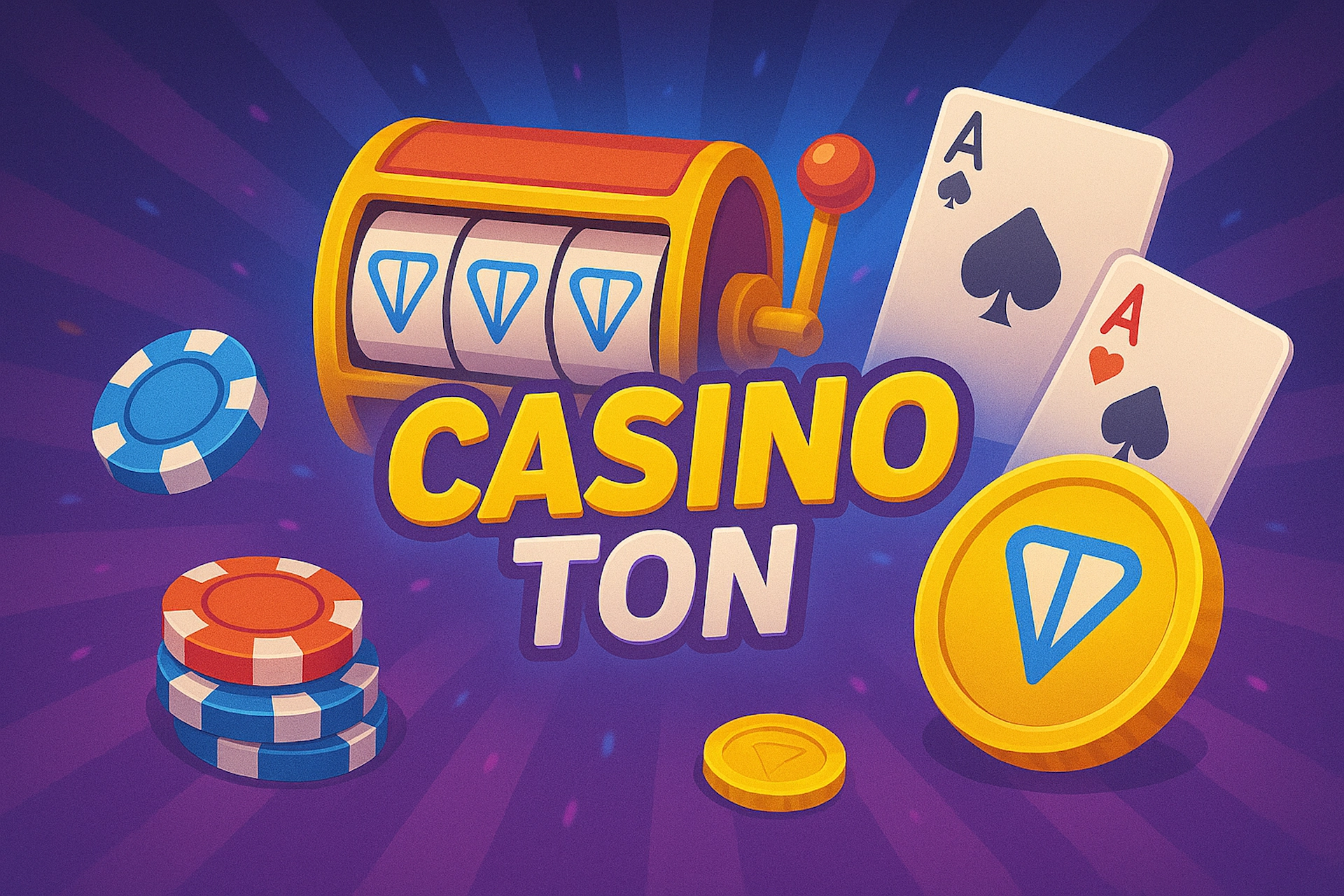 Illustration cartoon dynamique pour Casino TON avec machine &agrave; sous illustrant le logo TON, jetons de poker, cartes et pi&egrave;ce TON dor&eacute;e, sur fond d&eacute;grad&eacute; violet et bleu pour Casinotan.
