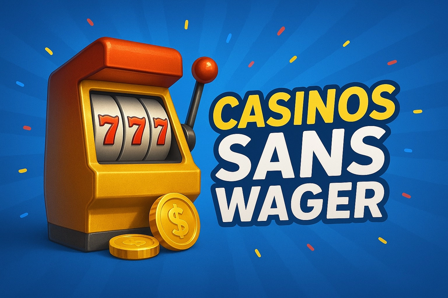 Illustration r&eacute;aliste pour la page Casinos Sans Wager avec machine &agrave; sous dor&eacute;e, pi&egrave;ces brillantes et texte en fran&ccedil;ais sur fond bleu lumineux et festif.